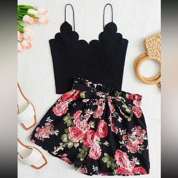 Dresses & Skirts - Boho scallop trim cami top and floral print paper bag waist shorts 2 piece set